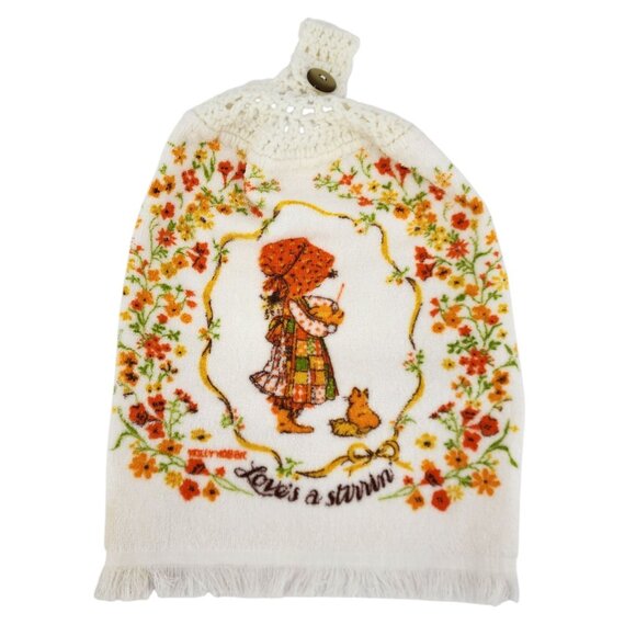 Vintage Holly Hobbie Hang Towel Floral Cat Love's A Stirrin' Hand Towel Tea - Picture 1 of 7